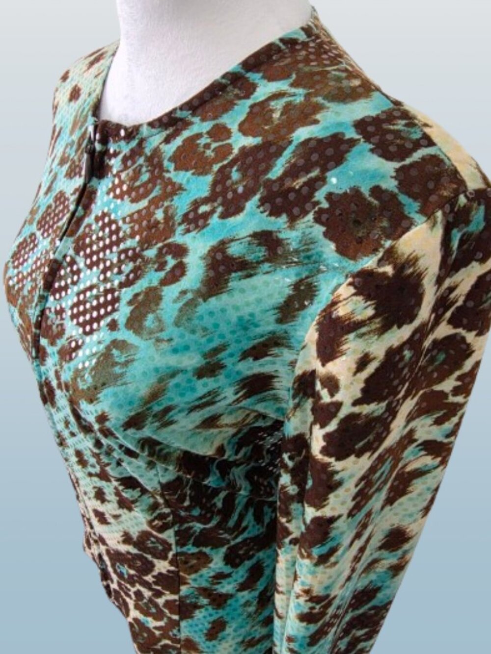 Joseph Ribkoff Aqua Leopard Print Paillette Zip Blazer Jacket | Size 12 - Picture 5 of 9
